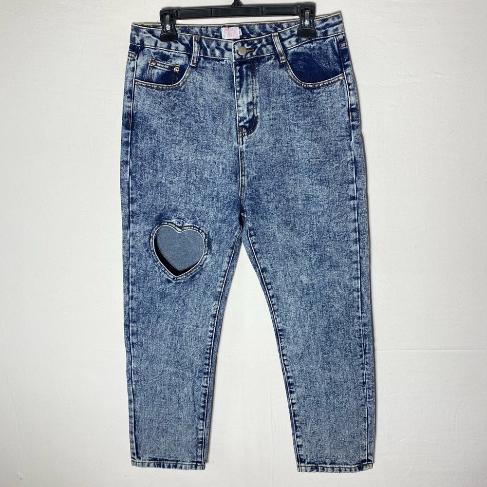 Tal Clothing Acid Wash Blue High Rise Cropped Jeans W Heart Cutout 31